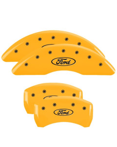 MGP 4 Caliper Covers Engraved Front & Rear 24-25 Ford Mustang EcoBoost Yellow Finish Black Ford Logo